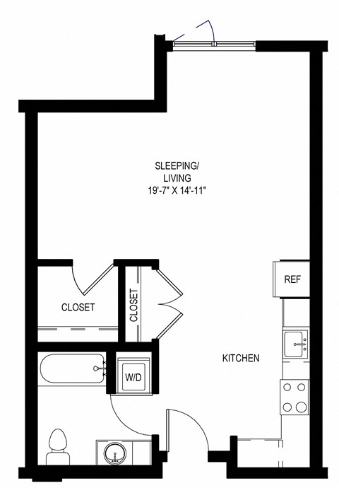 Floor plan for 1 bed, 1 bath, 576 sqft
